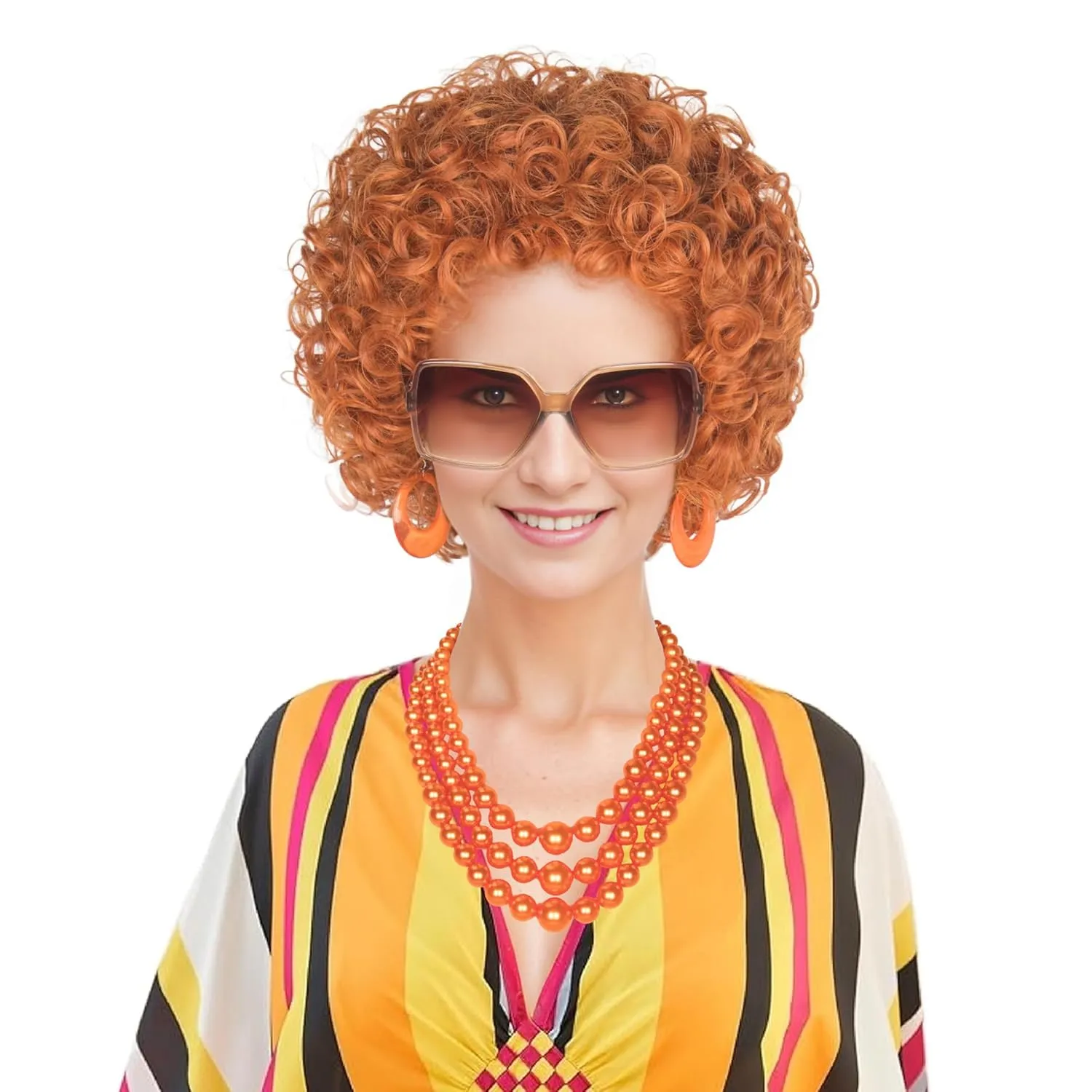 Yan Dream Women Short Curly Red Brown Wig and Glasses Orange Chunky Jewelry Set Party Cosplay Wig
