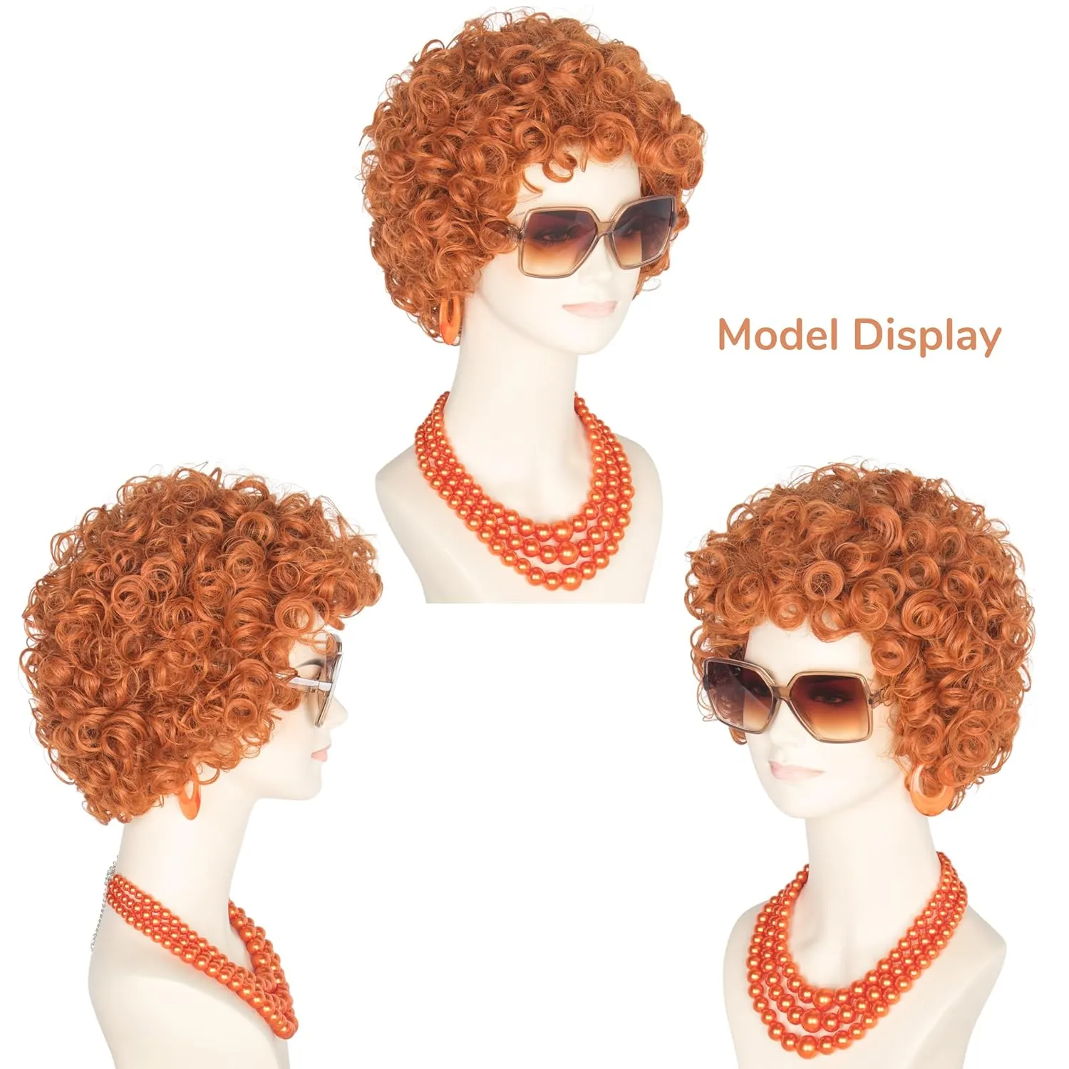 Yan Dream Women Short Curly Red Brown Wig and Glasses Orange Chunky Jewelry Set Party Cosplay Wig