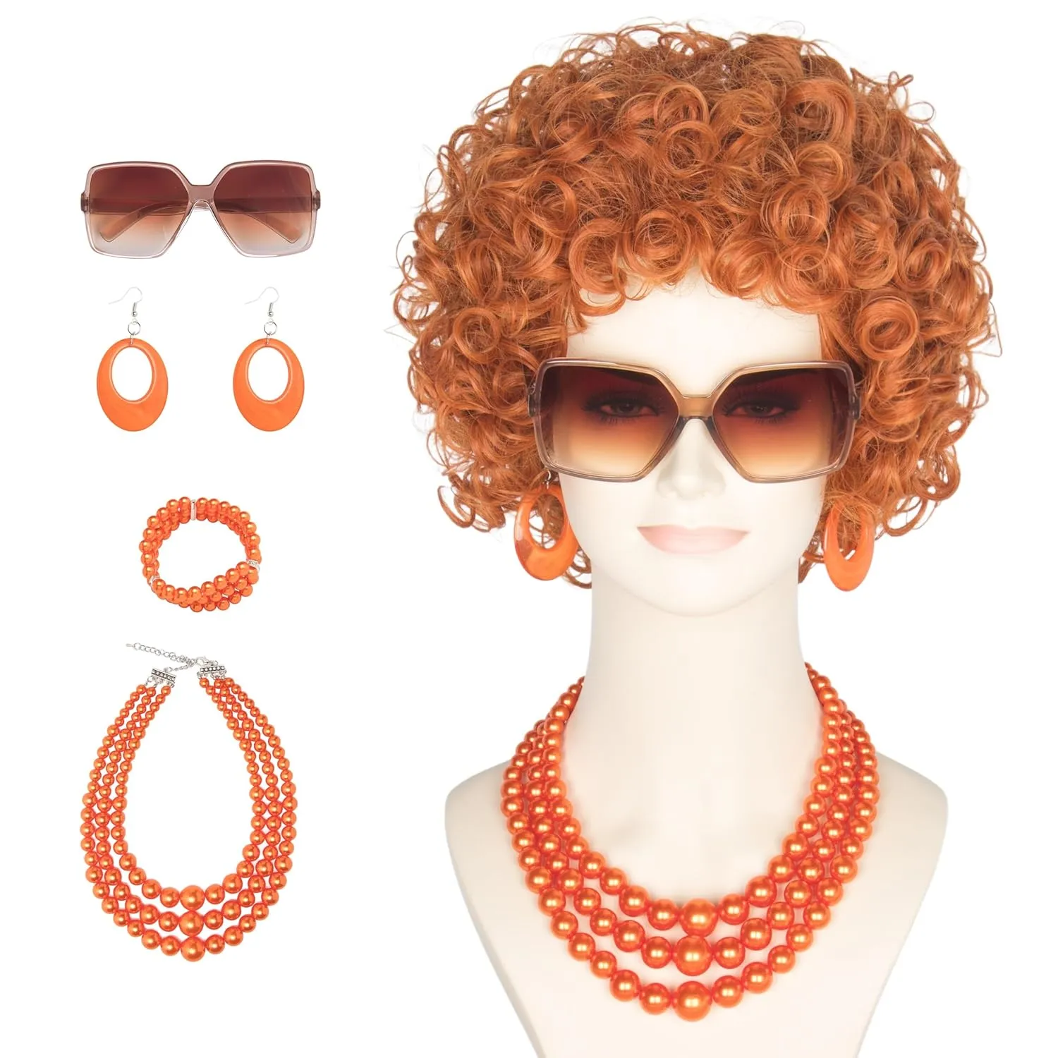 Yan Dream Women Short Curly Red Brown Wig and Glasses Orange Chunky Jewelry Set Party Cosplay Wig