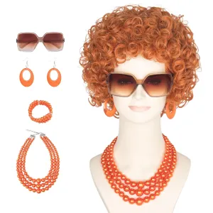 Yan Dream Women Short Curly Red Brown Wig and Glasses Orange Chunky Jewelry Set Party Cosplay Wig