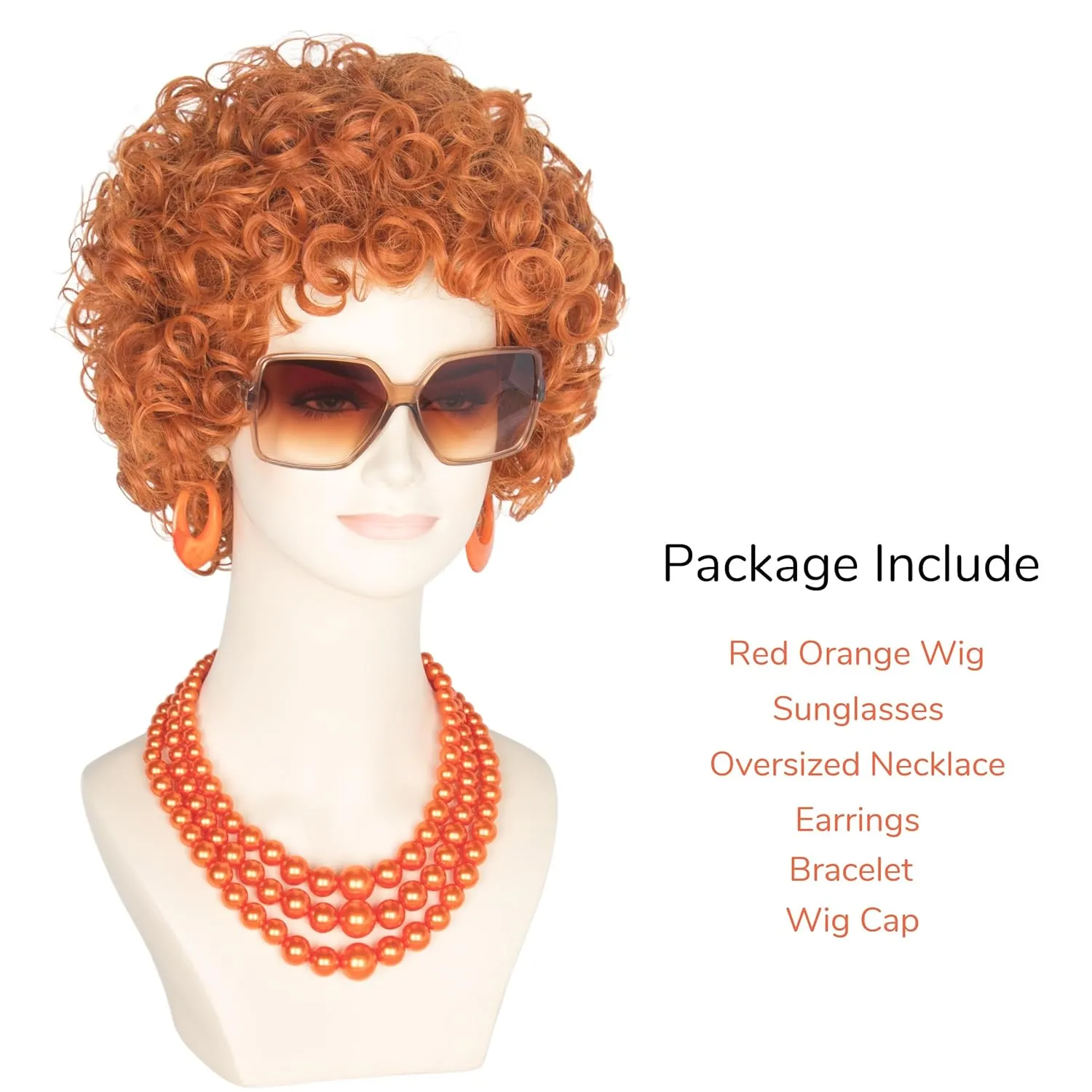 Yan Dream Women Short Curly Red Brown Wig and Glasses Orange Chunky Jewelry Set Party Cosplay Wig