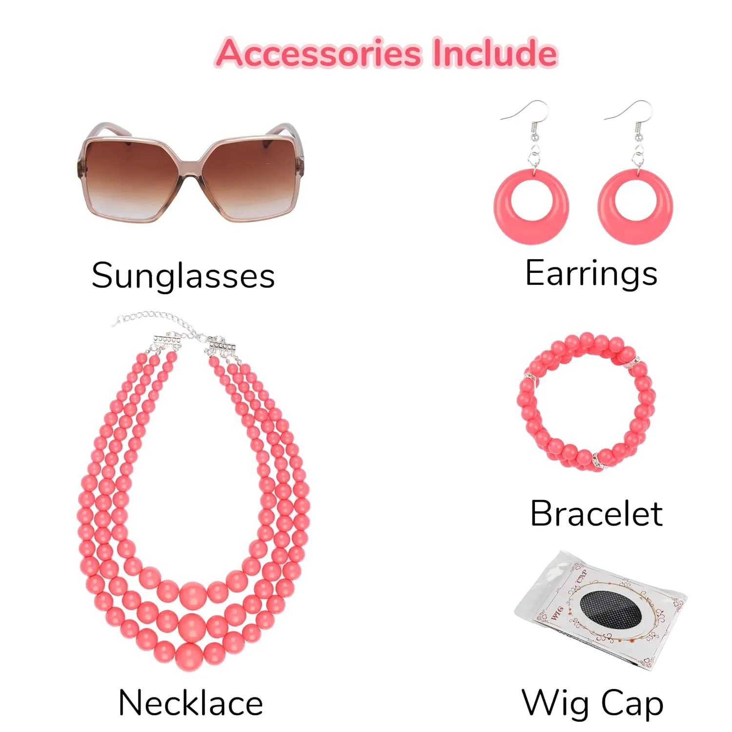 Yan Dream Women Short Curly Red Brown Wig and Glasses Pink Oversized Necklace Earrings Stacked Bracelets Set