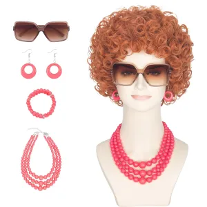 Yan Dream Women Short Curly Red Brown Wig and Glasses Pink Oversized Necklace Earrings Stacked Bracelets Set