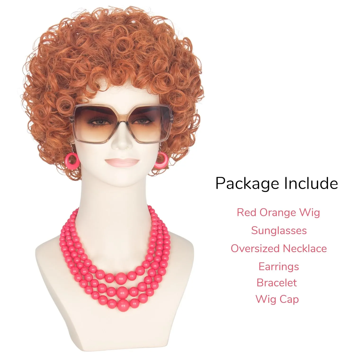 Yan Dream Women Short Curly Red Brown Wig and Glasses Pink Oversized Necklace Earrings Stacked Bracelets Set