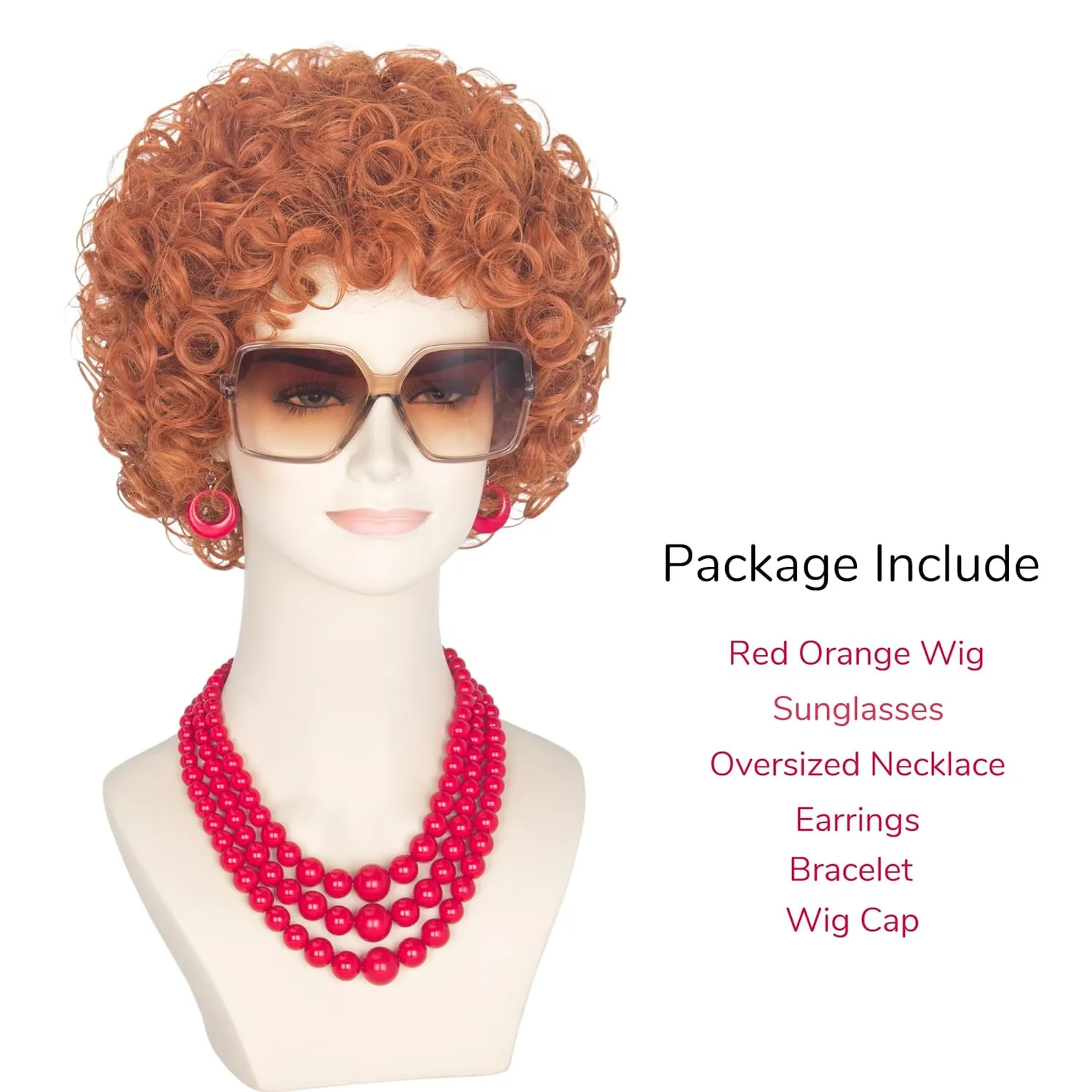 Yan Dream Women Short Curly Red Brown Wig and Glasses Red Oversized Necklace Earrings Stacked Bracelets Party Halloween Wig