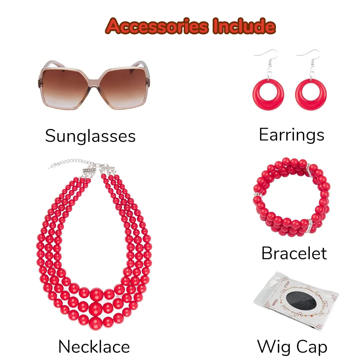 Yan Dream Women Short Curly Red Brown Wig and Glasses Red Oversized Necklace Earrings Stacked Bracelets Party Halloween Wig