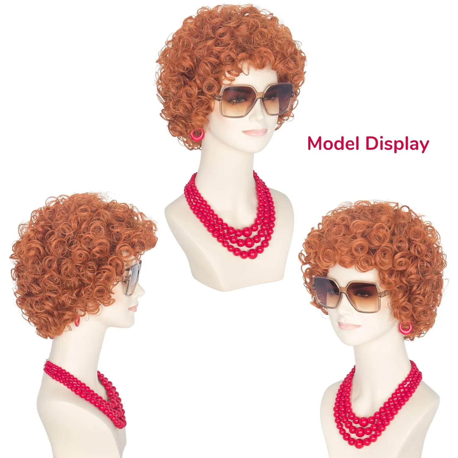 Yan Dream Women Short Curly Red Brown Wig and Glasses Red Oversized Necklace Earrings Stacked Bracelets Party Halloween Wig