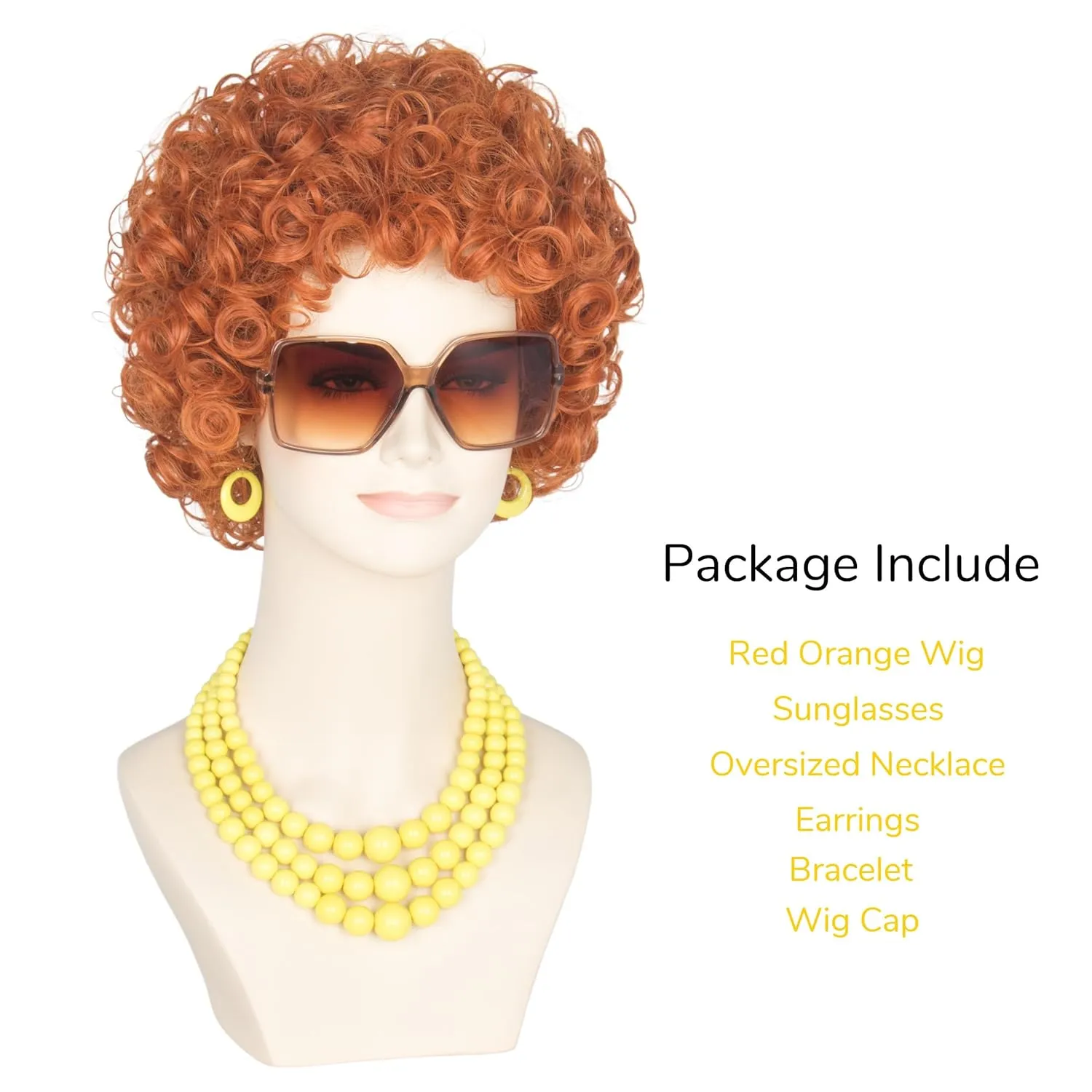 Yan Dream Women Short Curly Red Brown Wig and Glasses Yellow Oversized Jewelry Set Party Cosplay Wig