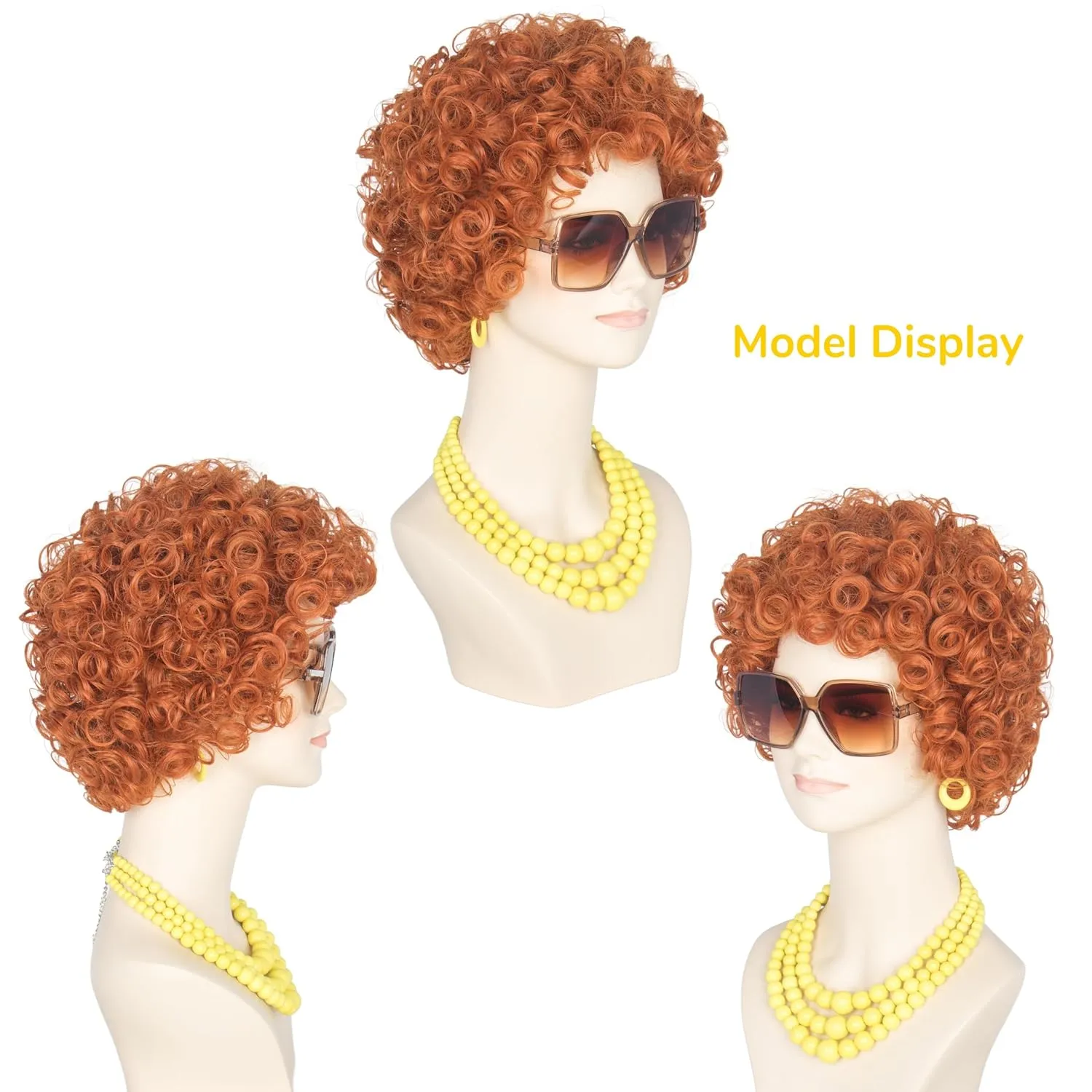 Yan Dream Women Short Curly Red Brown Wig and Glasses Yellow Oversized Jewelry Set Party Cosplay Wig