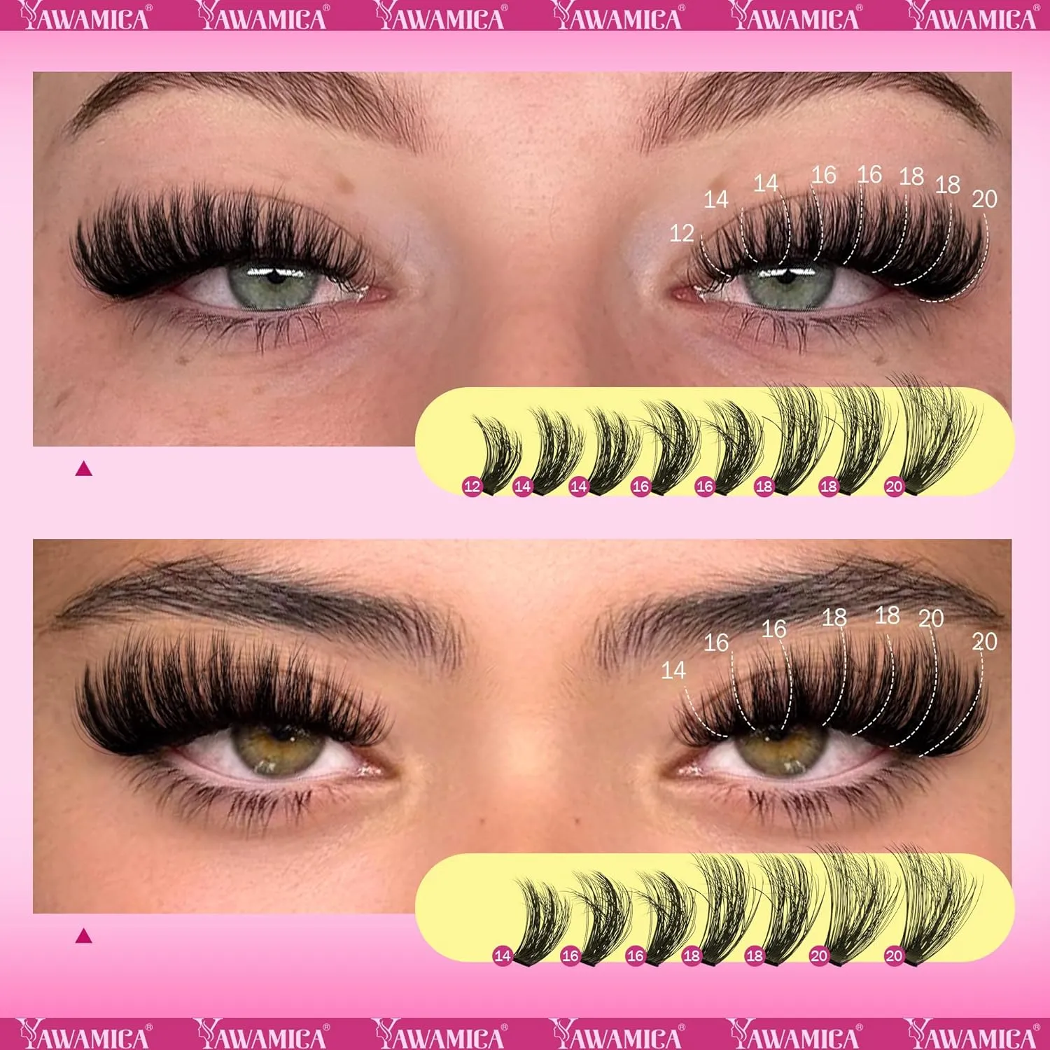 Yawamica Fluffier Lash Clusters Kit with Remover Wispy Cluster Eyelash Extensions 12-20mm Eyelash Clusters 200D Volume Lash Extension Kit D Curly Cluster Lashes with Bond and Seal Remover Tweezers