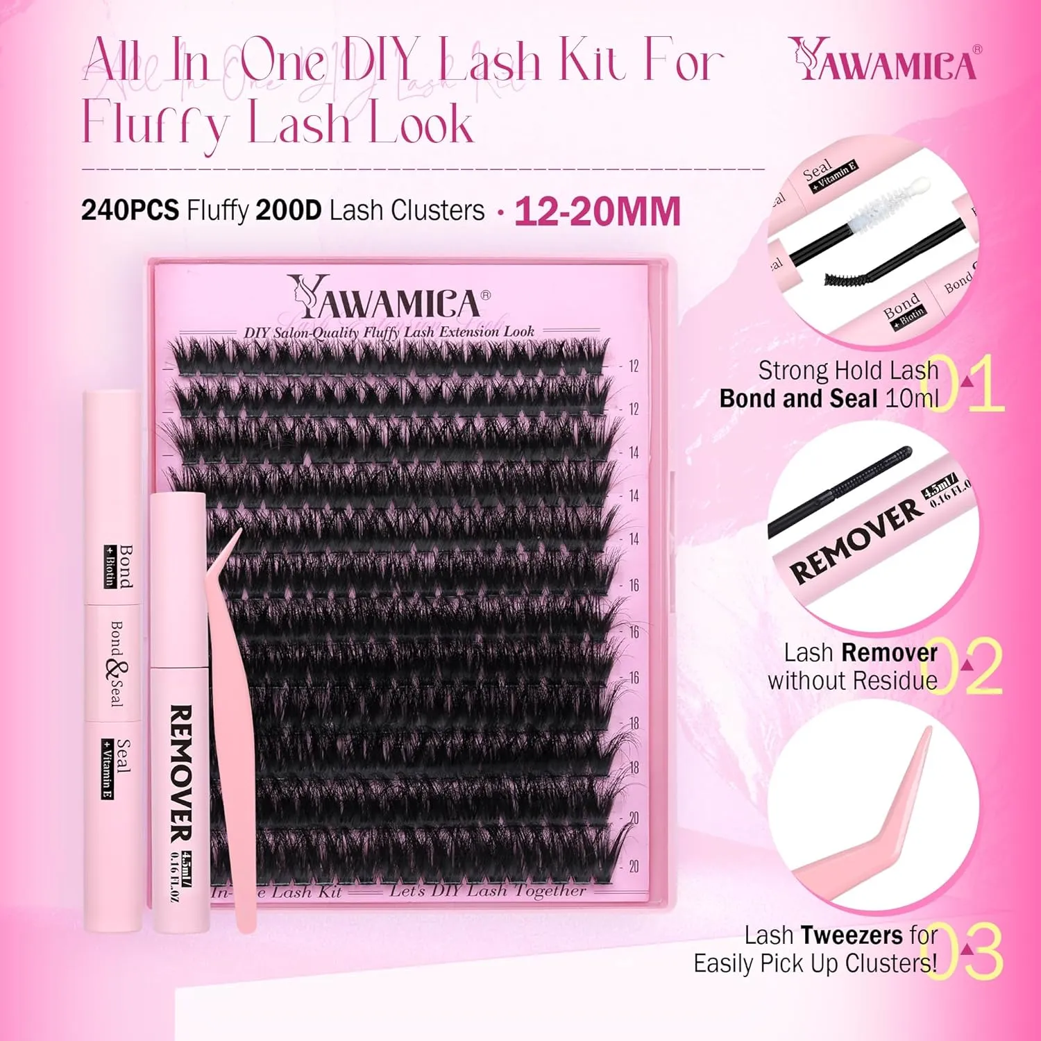 Yawamica Fluffier Lash Clusters Kit with Remover Wispy Cluster Eyelash Extensions 12-20mm Eyelash Clusters 200D Volume Lash Extension Kit D Curly Cluster Lashes with Bond and Seal Remover Tweezers