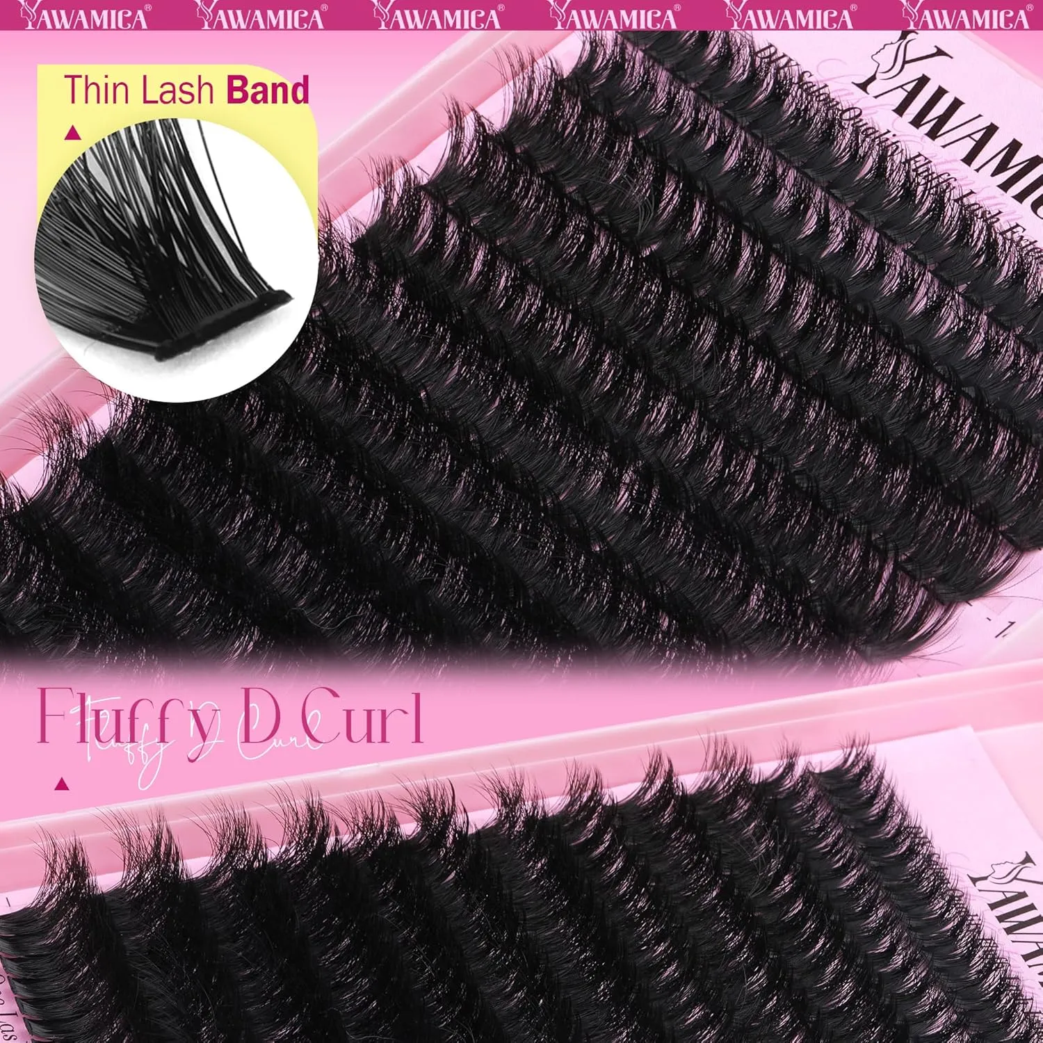 Yawamica Fluffier Lash Clusters Kit with Remover Wispy Cluster Eyelash Extensions 12-20mm Eyelash Clusters 200D Volume Lash Extension Kit D Curly Cluster Lashes with Bond and Seal Remover Tweezers
