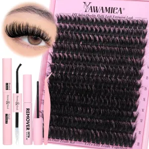Yawamica Fluffier Lash Clusters Kit with Remover Wispy Cluster Eyelash Extensions 12-20mm Eyelash Clusters 200D Volume Lash Extension Kit D Curly Cluster Lashes with Bond and Seal Remover Tweezers