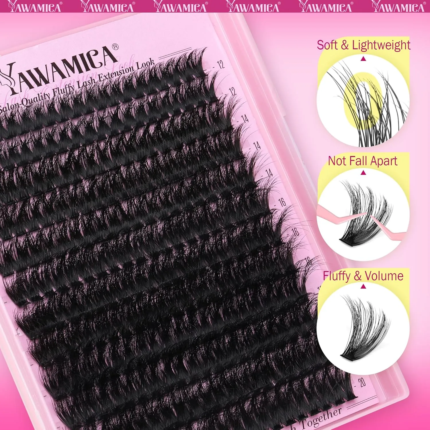 Yawamica Fluffier Lash Clusters Kit with Remover Wispy Cluster Eyelash Extensions 12-20mm Eyelash Clusters 200D Volume Lash Extension Kit D Curly Cluster Lashes with Bond and Seal Remover Tweezers