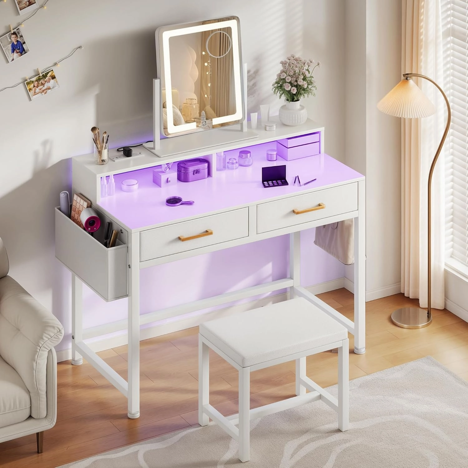 YITAHOME Makeup Vanity Desk with 3-Color Dimmable Lighting Mirror, Vanity Table with 2 Fabric Drawers, Stool, RGB Light Strip & Charging Station, Modern Makeup Desk Set for Home Office, Cream White