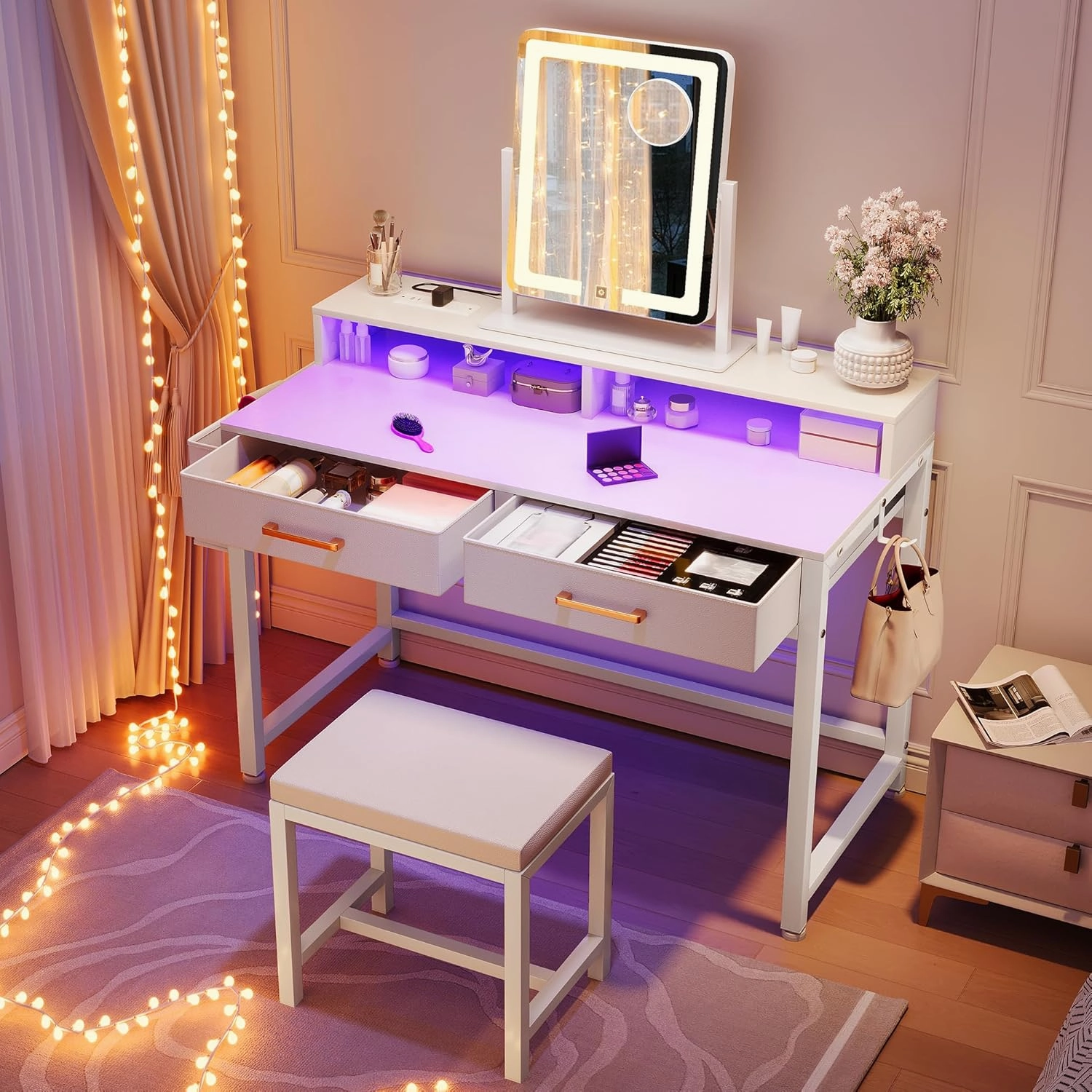 YITAHOME Makeup Vanity Desk with 3-Color Dimmable Lighting Mirror, Vanity Table with 2 Fabric Drawers, Stool, RGB Light Strip & Charging Station, Modern Makeup Desk Set for Home Office, Cream White