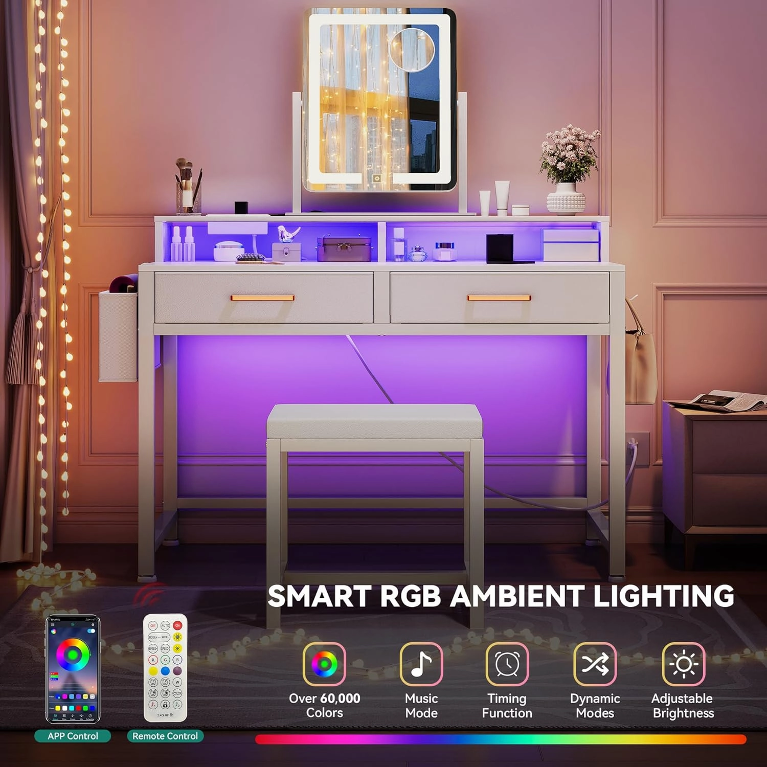 YITAHOME Makeup Vanity Desk with 3-Color Dimmable Lighting Mirror, Vanity Table with 2 Fabric Drawers, Stool, RGB Light Strip & Charging Station, Modern Makeup Desk Set for Home Office, Cream White