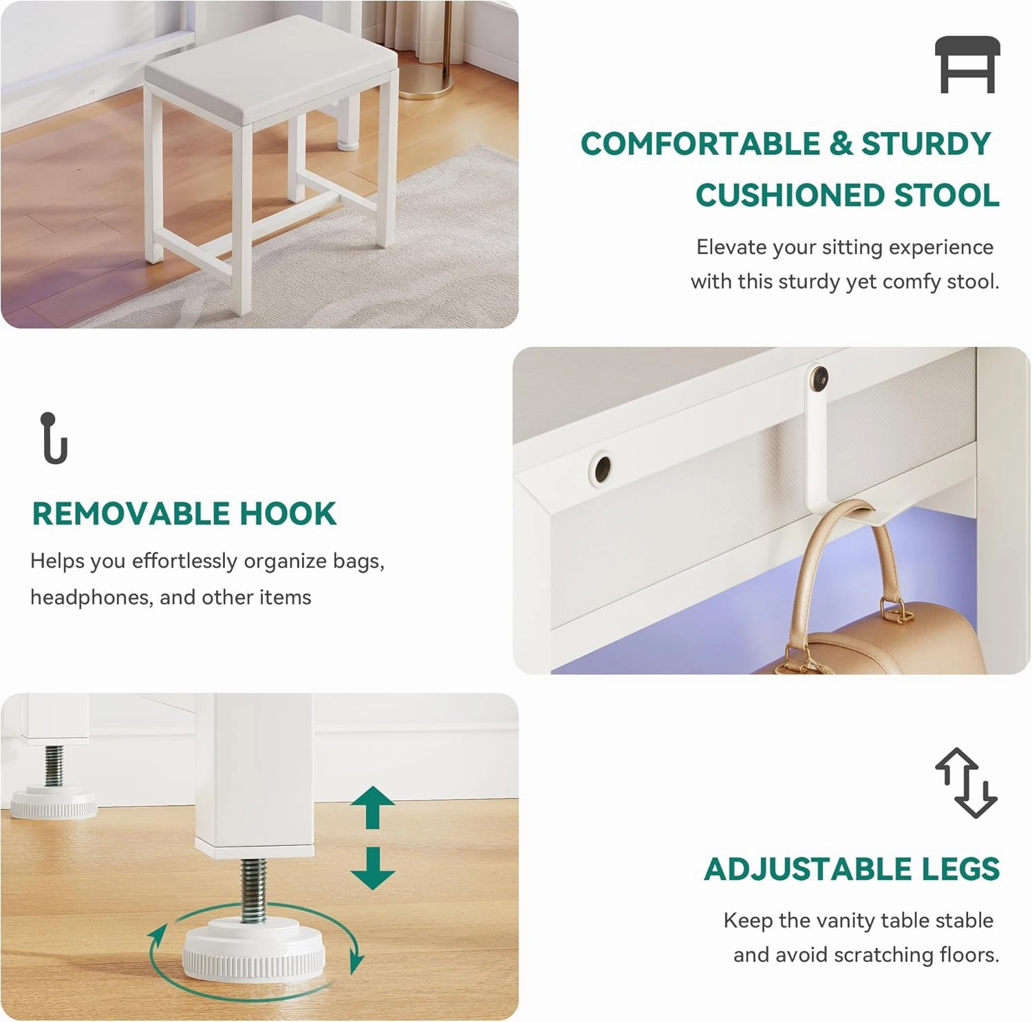 YITAHOME Makeup Vanity Desk with 3-Color Dimmable Lighting Mirror, Vanity Table with 2 Fabric Drawers, Stool, RGB Light Strip & Charging Station, Modern Makeup Desk Set for Home Office, Cream White