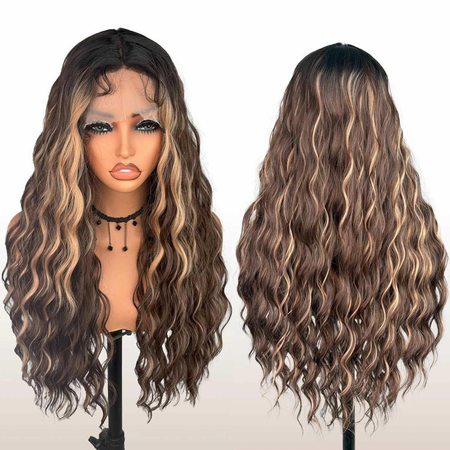 Zadabelly 26 inch Long wavy Lace Front Synthetic Wig Dark Brown Highlight 13x4 Middle part curly wavy Transparent Glueless Lace wig Heat Resistant Fiber Pre Plucked Hairline with Baby Hair for Women