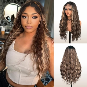 Zadabelly 26 inch Long wavy Lace Front Synthetic Wig Dark Brown Highlight 13x4 Middle part curly wavy Transparent Glueless Lace wig Heat Resistant Fiber Pre Plucked Hairline with Baby Hair for Women