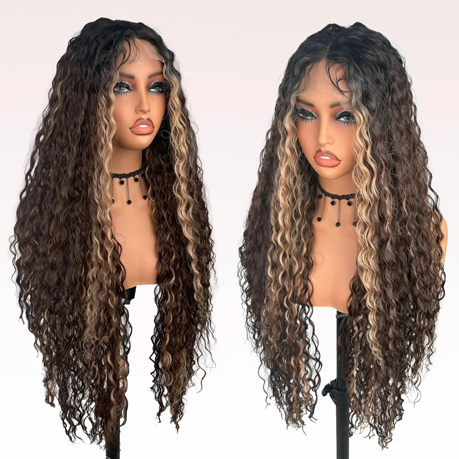 ZadaBelly 32 Inch Long Deep Curly Wavy Lace Front Synthetic Wig 13x4 T part HD Transparent Glueless Lace wig Heat Resistant Fiber Pre Plucked Hairline with Baby Hair for Women（Brown highlights color）