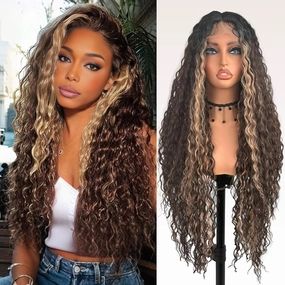 ZadaBelly 32 Inch Long Deep Curly Wavy Lace Front Synthetic Wig 13x4 T part HD Transparent Glueless Lace wig Heat Resistant Fiber Pre Plucked Hairline with Baby Hair for Women（Brown highlights color）