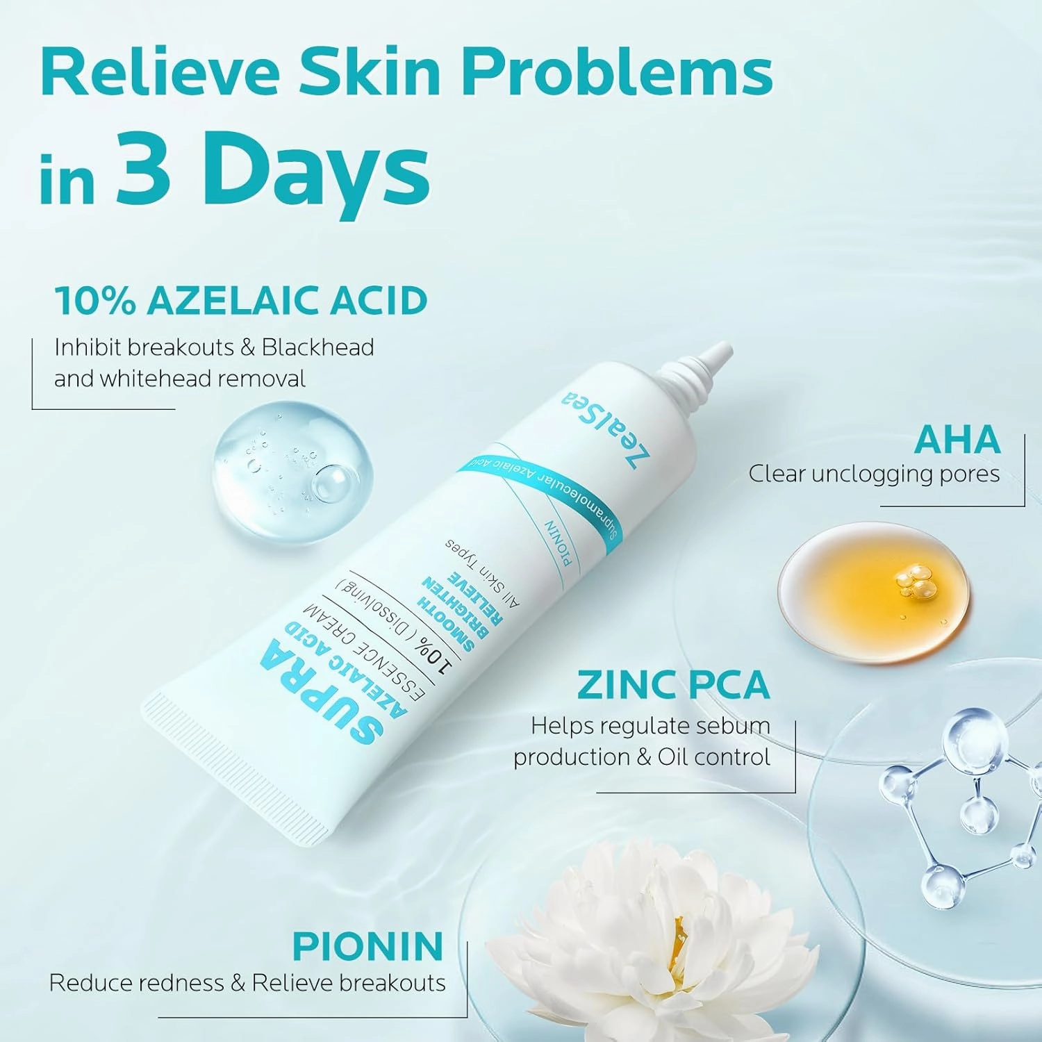 ZealSea 10% Azelaic Acid Facial Cream - Azelaic Acid Serum with AHA & Pionin for Face, Relief Pimple, Breakouts, Blackhead & Redness, Azelaic Acid Gel Clarify Skin Soothe Irritation, 1 Oz