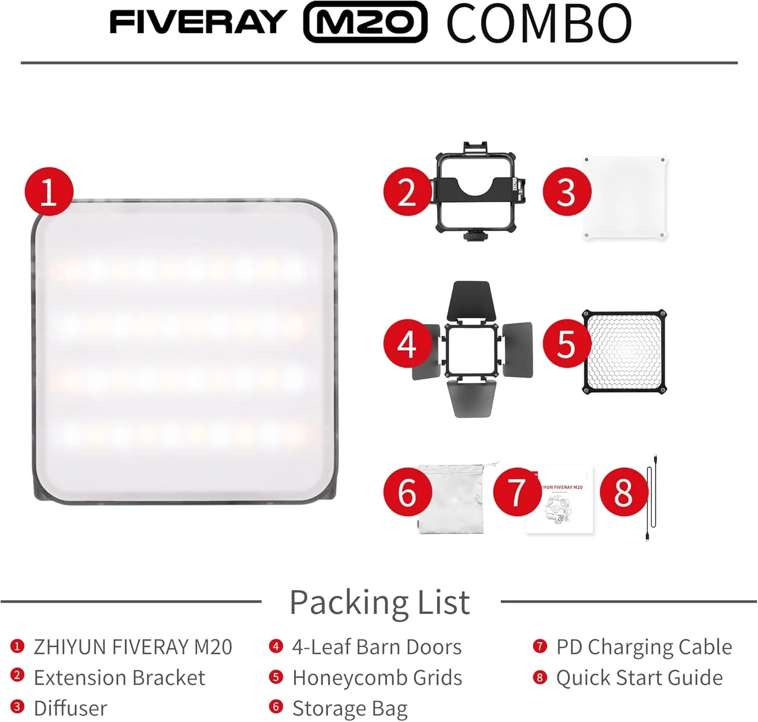 ZHIYUN FIVERAY M20 Combo LED Video Light Bi - Color LED 2700K- 6500K DynaVort Cooling System Mark II with Radiant Full-Color RGB Glow