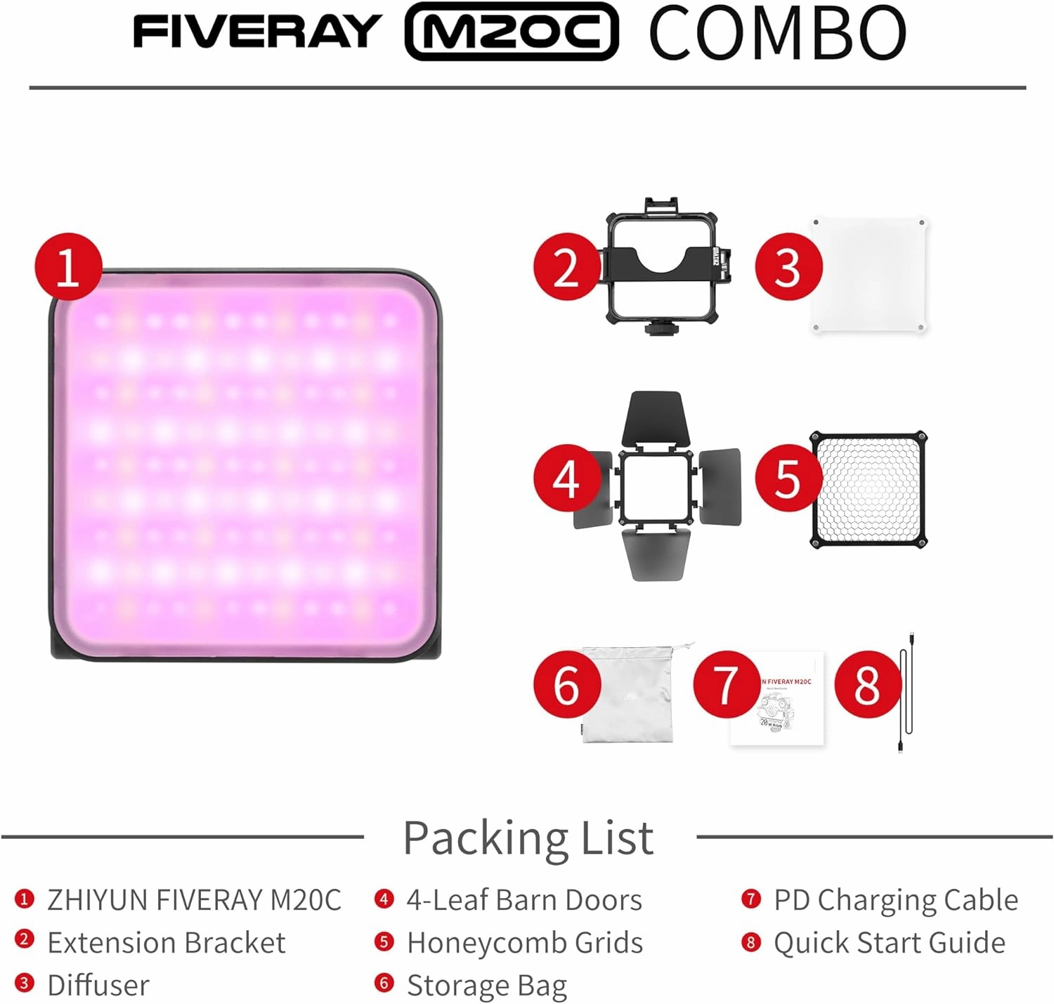 ZHIYUN FIVERAY M20C Combo [Official] RGB Video Light, 20W Portable Camera Light, HSI Mode, TLCI 96 , Temperature 2500K-10000K with 16 Light Effects, Support Magnetic Attraction and App with USB-C PD